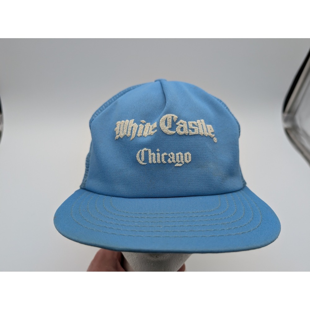 Vintage White Castle Chicago Trucker Hat Light Blue Mesh Snapback Cap Made USA